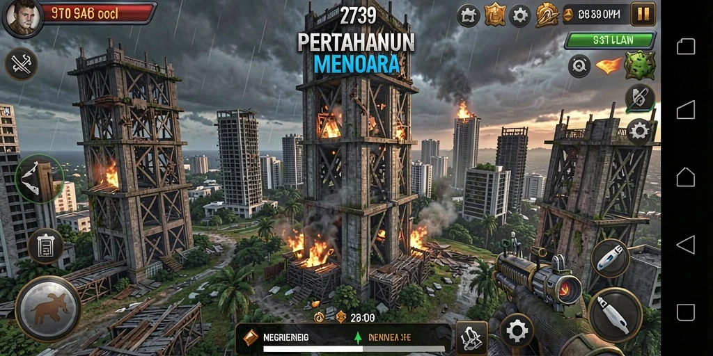 Tampilan gameplay menegangkan dari <strong>2739</strong> dengan berbagai menara pertahanan.