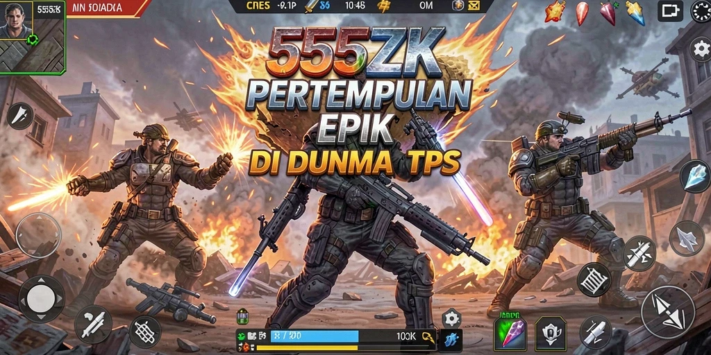 Screenshot utama 555ZK menampilkan aksi pertempuran intens.