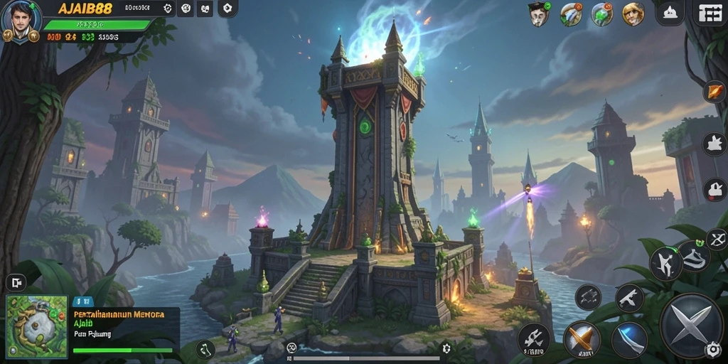 Tampilan gameplay AJAIB88 dengan pertahanan menara yang megah.