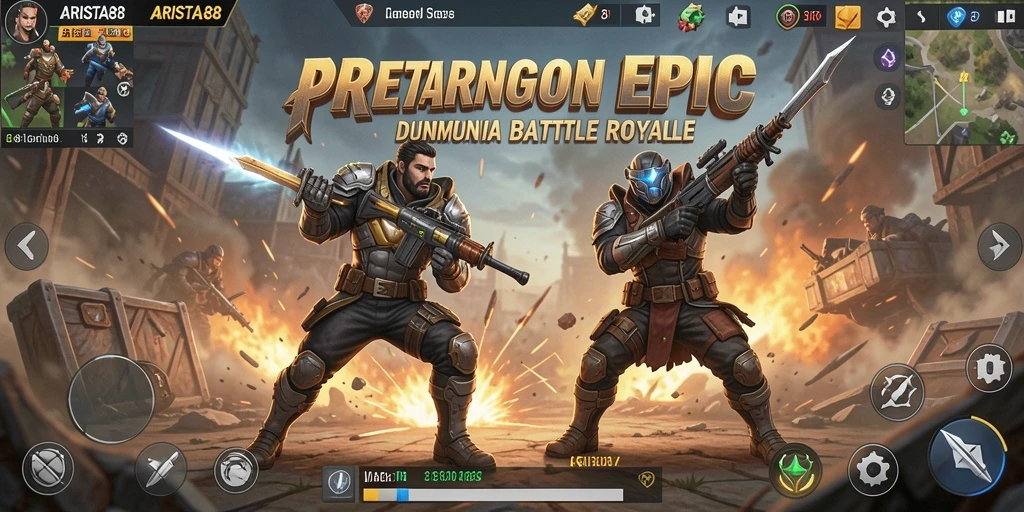 Menampilkan aksi seru dalam pertempuran Battle Royale.