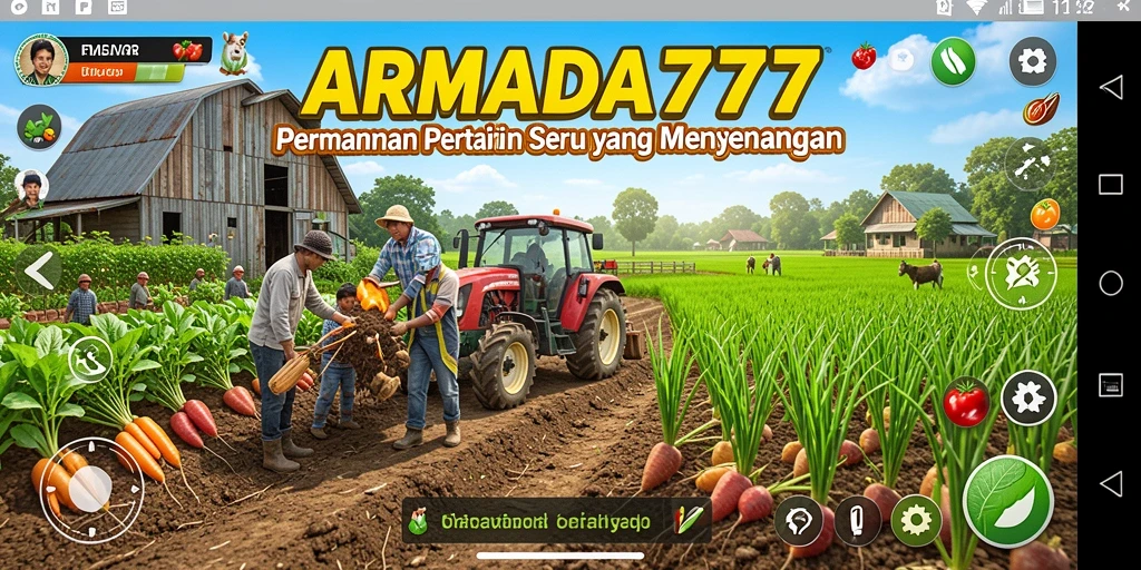 Screenshot gameplay <strong>ARMADA777</strong> yang menunjukkan kebun yang subur dan hewan ternak.