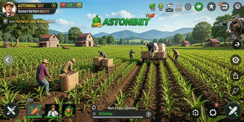 Screenshot utama ASTONBET menampilkan ladang hijau yang indah dengan berbagai tanaman.