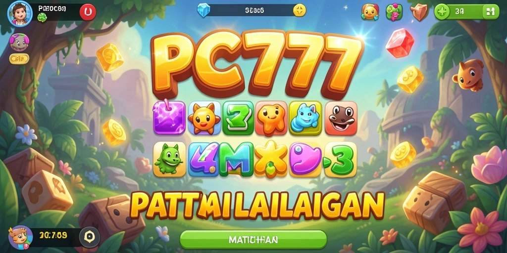 Screenshot utama PC777 menampilkan permainan seru Match-3 dengan grafis cerah.